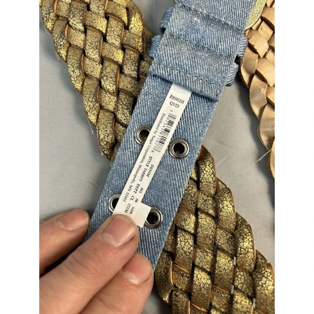 Womens Belt Lot 3 Rhinestone Stretch‎ Denim Grommet Gold Braided Boho